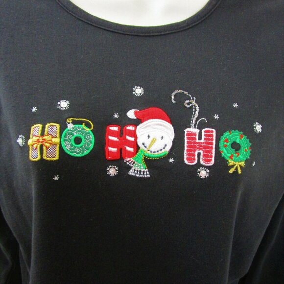 CHRISTMAS Top T-Shirt Medium HO HO HO Bling Long Sleeve Santa Wreath Embellished - Picture 2 of 10